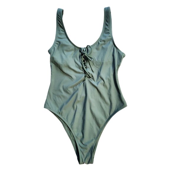 Xhilaration One Piece Swimsuit Women's Medium Green Lace Up Low Back Swimwear - Picture 1 of 8